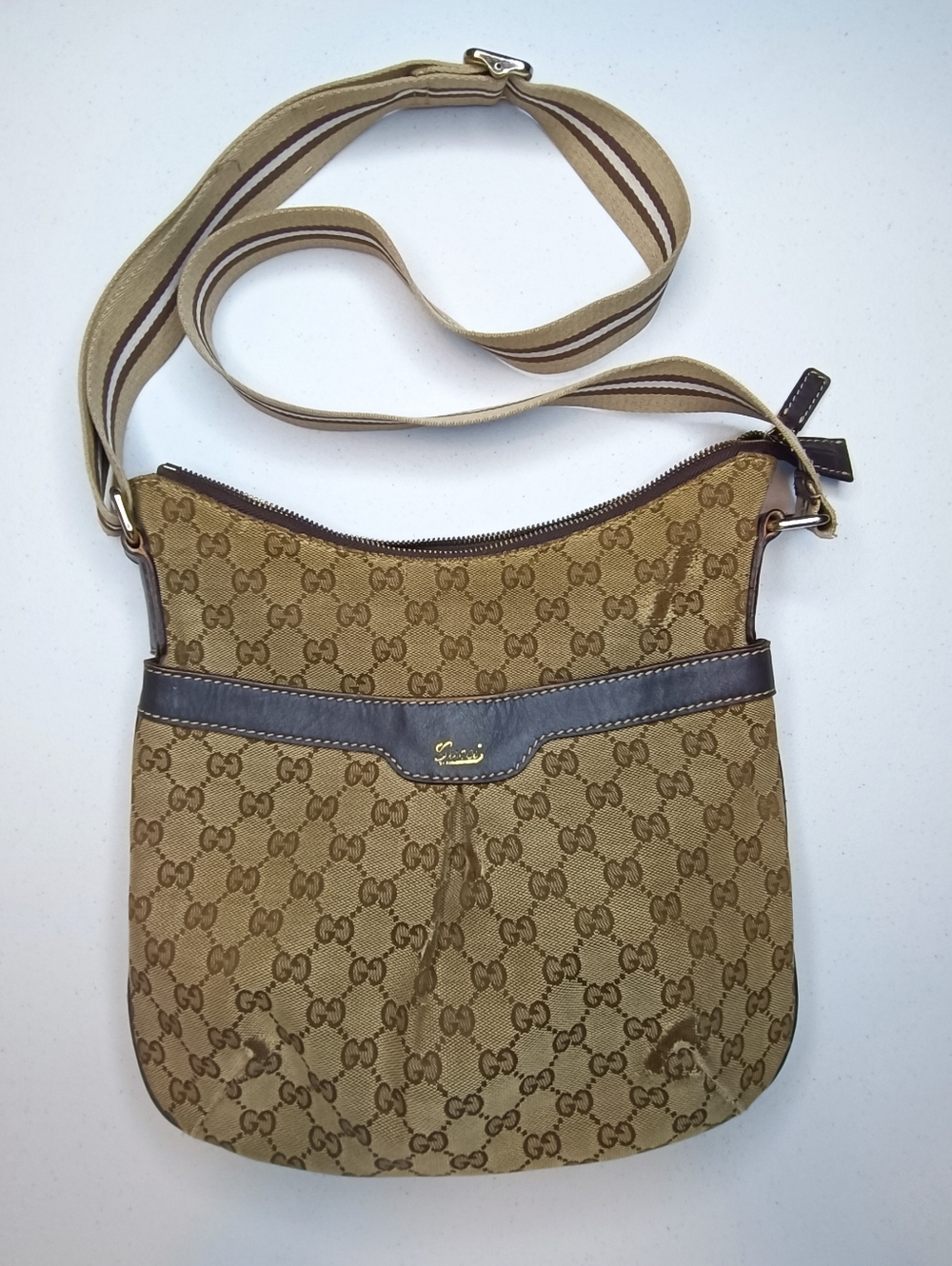 Gucci Brown GG Canvas Crossbody Bag Distressed